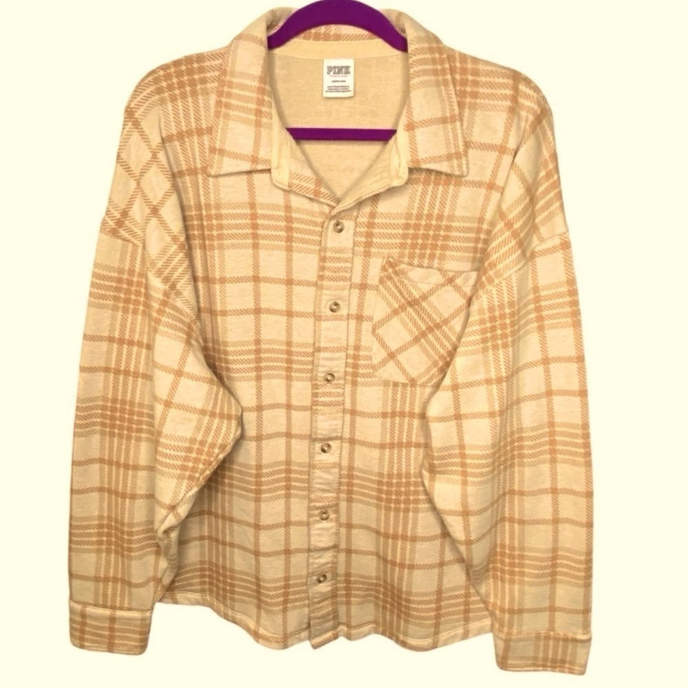 Victoria’s Secret PINK sz Large Tan Plaid Button Down Soft Shacket Granola Girl